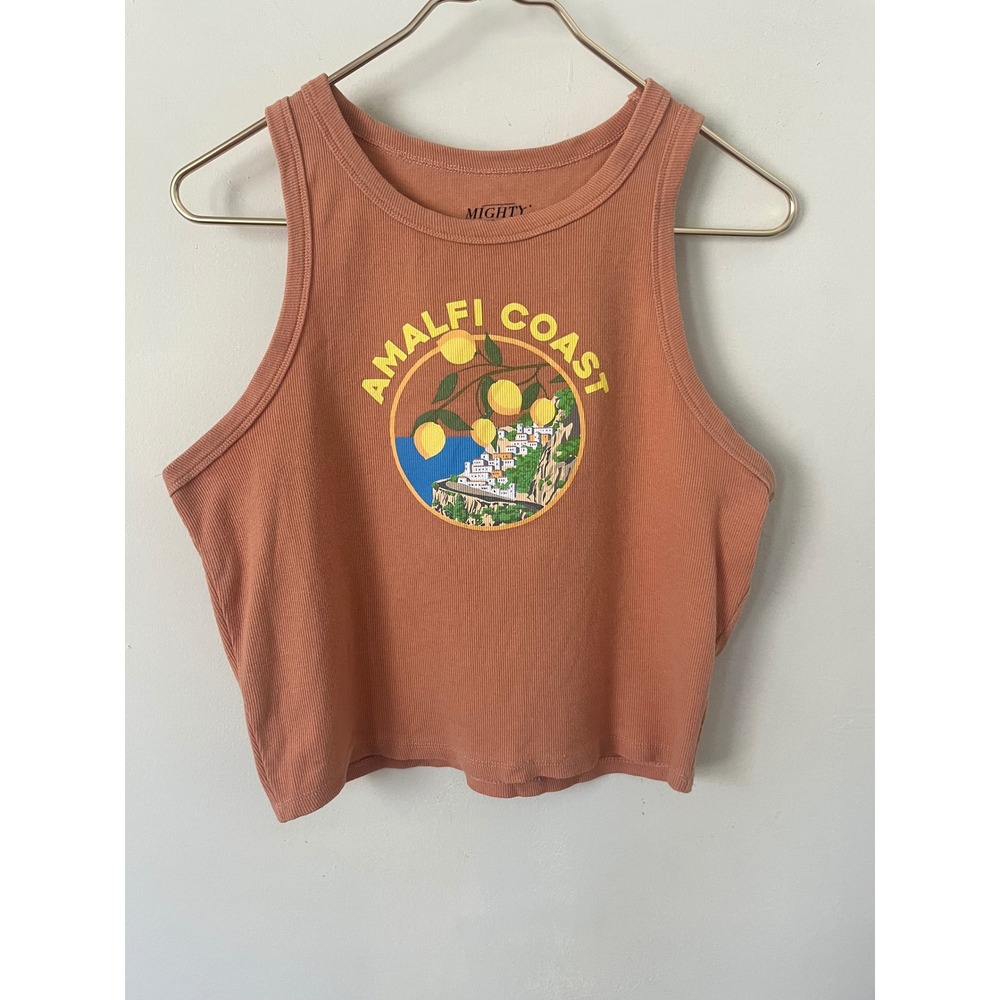 Mighty Fine Amalfi Coast Graphic Ribbed Tank Top Orange Women XL Crop Lemon